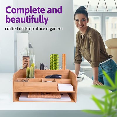 Organize Office Supplies with Bamboo Wood Desk Organizer and File Storage Customized Logo
