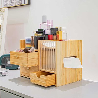 Convenient and Compact Bamboo Wood Desktop Drawers Organizer for Cosmetic Storage