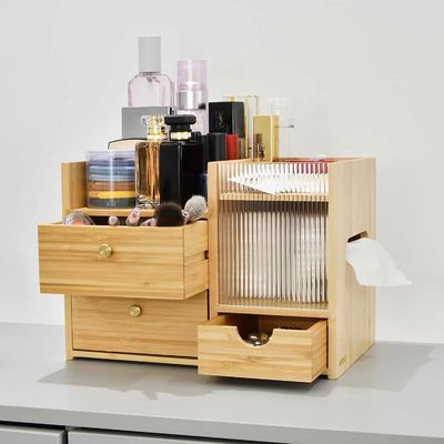 Convenient and Compact Bamboo Wood Desktop Drawers Organizer for Cosmetic Storage