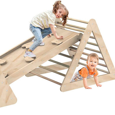 Unisex Wooden Climbing Triangle Ladder With Ramp and Stained Finish for Toddlers