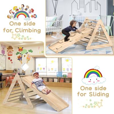 Unisex Wooden Climbing Triangle Ladder With Ramp and Stained Finish for Toddlers