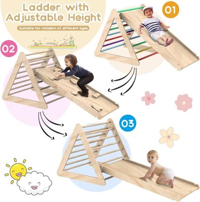 Unisex Wooden Climbing Triangle Ladder With Ramp and Stained Finish for Toddlers