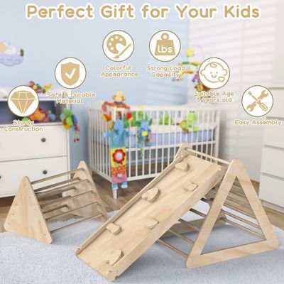 Unisex Wooden Climbing Triangle Ladder With Ramp and Stained Finish for Toddlers