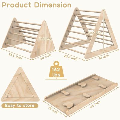 Unisex Wooden Climbing Triangle Ladder With Ramp and Stained Finish for Toddlers