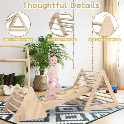 Unisex Wooden Climbing Triangle Ladder With Ramp and Stained Finish for Toddlers