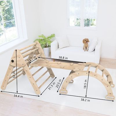 Indoor Kids Play Gym Climbing Triangle Ladder with Ramp Set of 3 Wooden Safety Toys