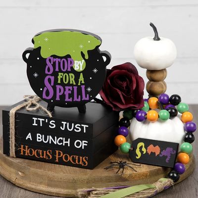 Eco-friendly Halloween Decorations Children Hocus Pocus Tiered Tray Decor Set of 3 Wood