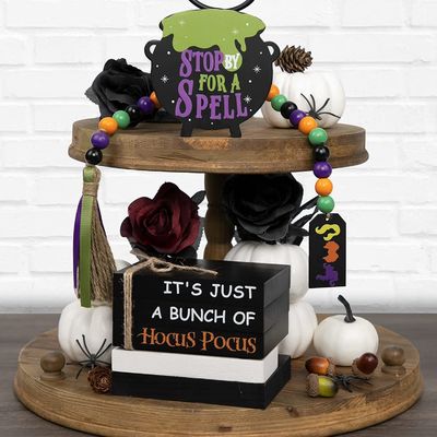 Eco-friendly Halloween Decorations Children Hocus Pocus Tiered Tray Decor Set of 3 Wood