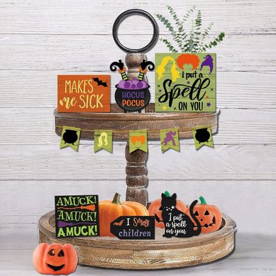 Eco-friendly Halloween Decorations Children Hocus Pocus Tiered Tray Decor Set of 3 Wood