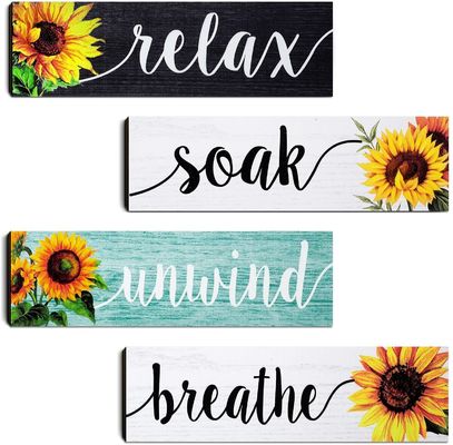 Bathroom Wall Decor Rustic Wooden Plaque with Sunflower Design Relax Soak Unwind Breathe