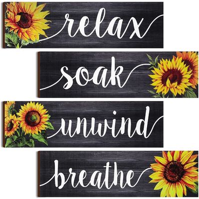 Bathroom Wall Decor Rustic Wooden Plaque with Sunflower Design Relax Soak Unwind Breathe
