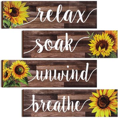 Bathroom Wall Decor Rustic Wooden Plaque with Sunflower Design Relax Soak Unwind Breathe