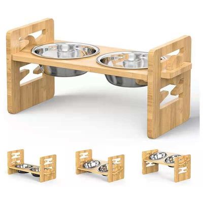 Adjustable Bamboo Elevated Dog Cat Food Stand Holder for Gifts Stores Commercial Buyer