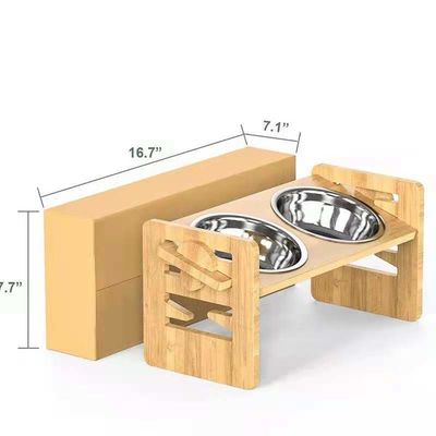 Adjustable Bamboo Elevated Dog Cat Food Stand Holder for Gifts Stores Commercial Buyer