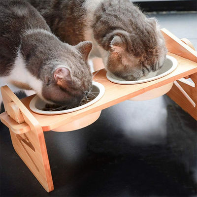 Adjustable Bamboo Elevated Dog Cat Food Stand Holder for Gifts Stores Commercial Buyer