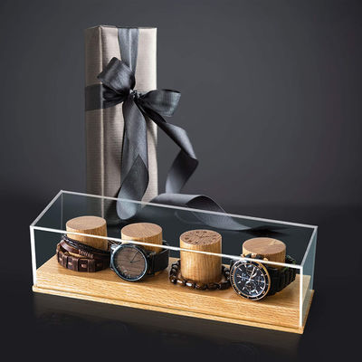 Customized Logo Acceptable Solid Oak Wooden Watch Display Stand for Rustic Style