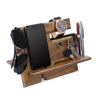 Handmade Natural Walnut Wood Phone Docking Station Key Hooks Holder Wallet Stand Watch Organizer