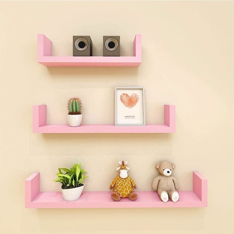 Adjustable U-Shaped Painted Wood Pink Wall Shelves Set of 3 for Bathroom Living Room