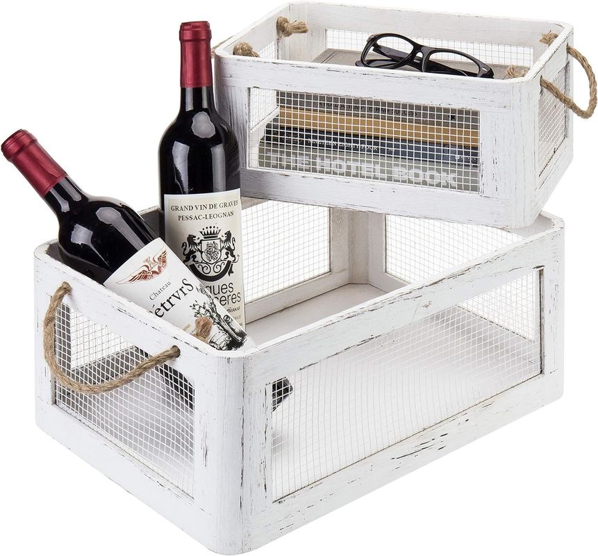 Multifunctional Vintage White Wooden Storage Box with Handles and Mesh Wire Side Panels