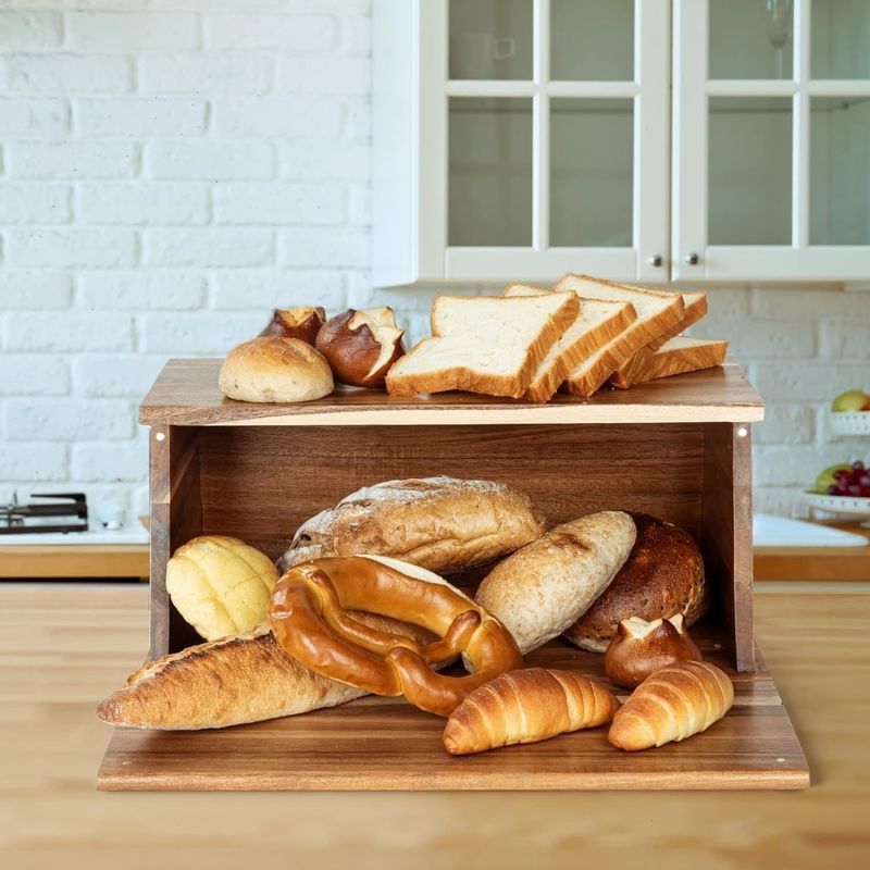 Wooden Bread Box All In One Piece Organizer For Kitchen Assembly Natural Vintage Bread Food Storage Bin Container