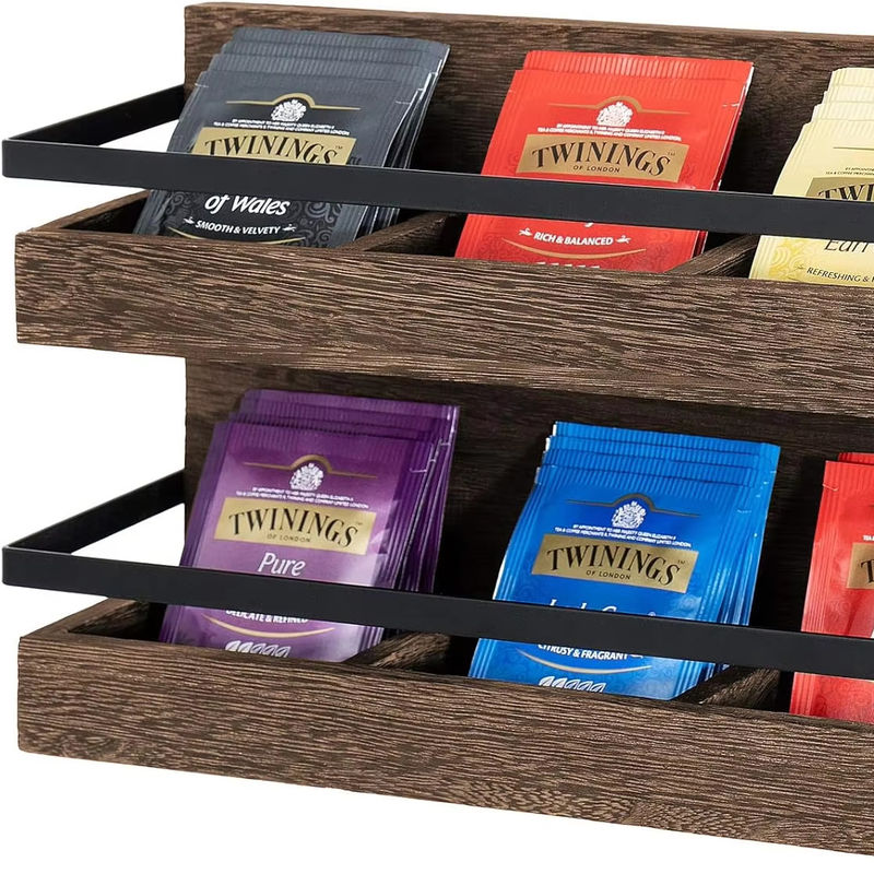 2 Tier Rustic Wood Tea Bags Holder Wall Mounted Tea Box for Coffee Condiment Display Shelf Tea Rack
