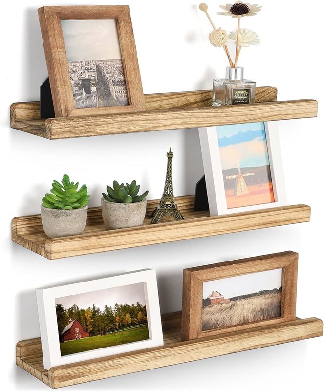 16.9 Inch Set Of 3 Brown Wood Picture Shelf Adjustable Rustic Wall Shelves For Office