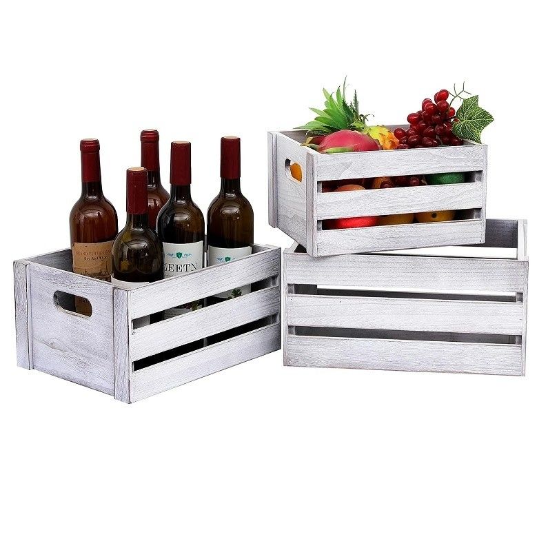 Rustic White Wooden Display Crate Set of 3 Decorative Pine Storage Crates NO Foldable