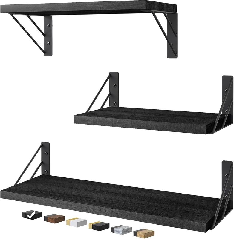 Set of 3 Modern Adjustable Black Wall Mounted Rustic Wood Floating Shelves for Storage