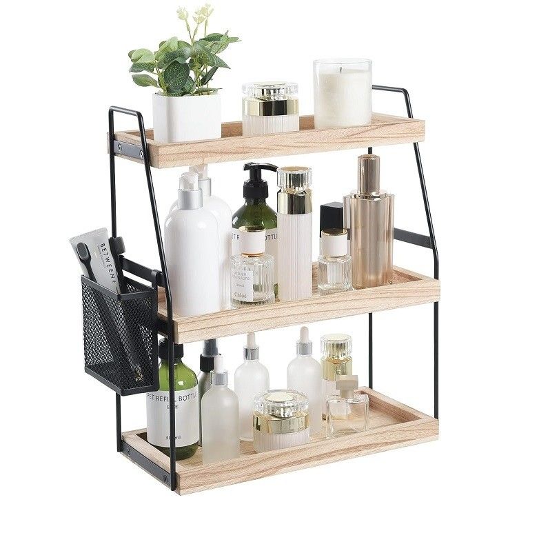Cosmetic Storage Vanity Organizer 3-Tier Standing Counter Shelf With Basket Wood Tray