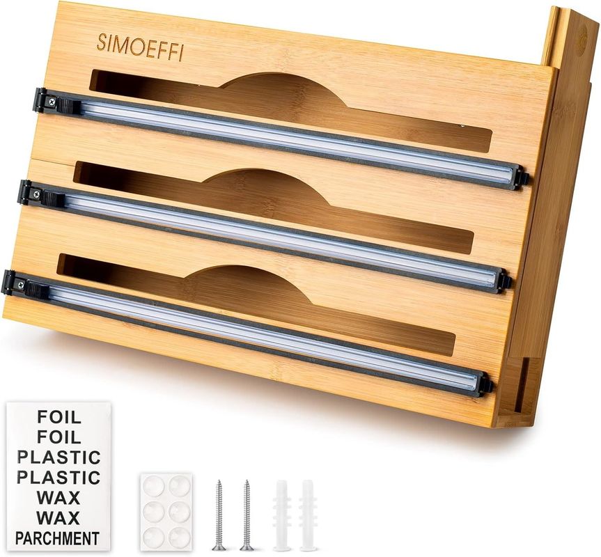 Slide Cutter Kitchen Drawer Organizer Bamboo 3 in 1 Foil and Plastic Cling Wrap Dispenser