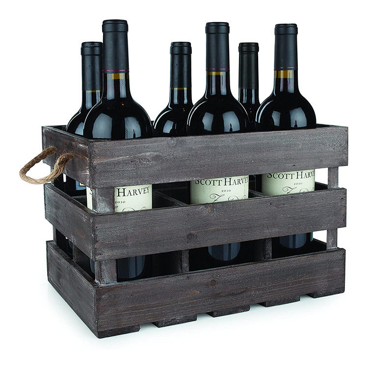 Solid Box Vintage-Style Brown Wooden Wine Crate Basket with Handles and Stain Color