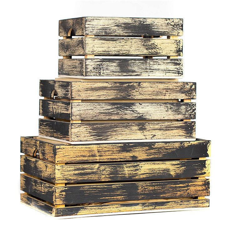 Set of 3 Small Mini Wood Storage Crates with Handles Rustic Finish Printing Burned