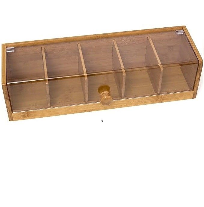 Custom Service 14 X 5 X 3 Inch 5 Sections Bamboo Wood Acrylic Tea Box in Plain Color