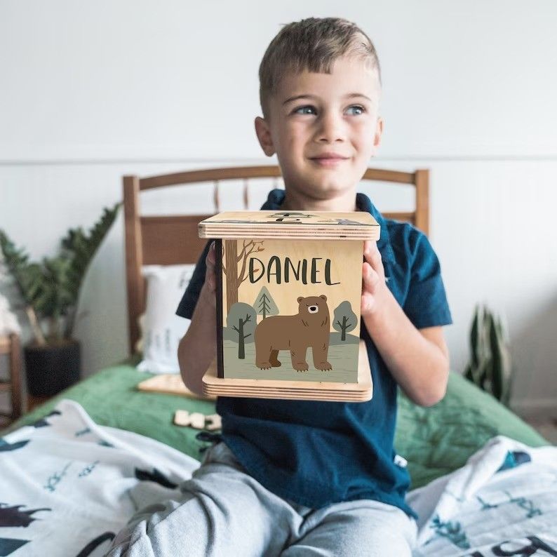 Wooden Piggy Bank in Plain Color with Customizable Woodland Animals Design