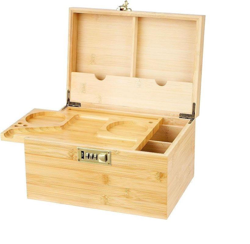 Plain Wooden Box with Removable Tray and Combination Lock Custom Smell Proof Storage