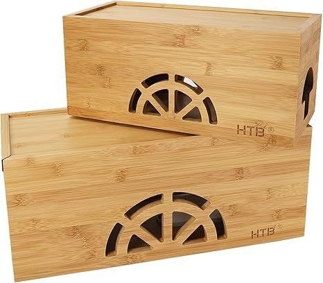 Embossing Wooden Magnetic Large Small Bamboo Cord Organizer Cable Management Box for Home