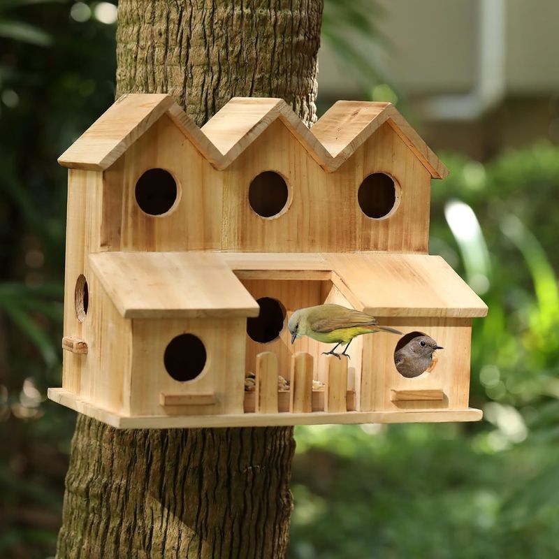 Handmade Wooden Bird House with 8 Holes Sliding Lid Style Unfinished Birch Wood Color