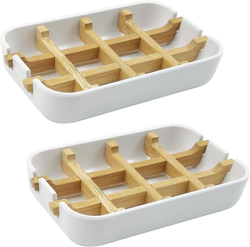 White Bamboo Soap Holder Self-Draining for Home Shower and Bathroom Eco-Friendly