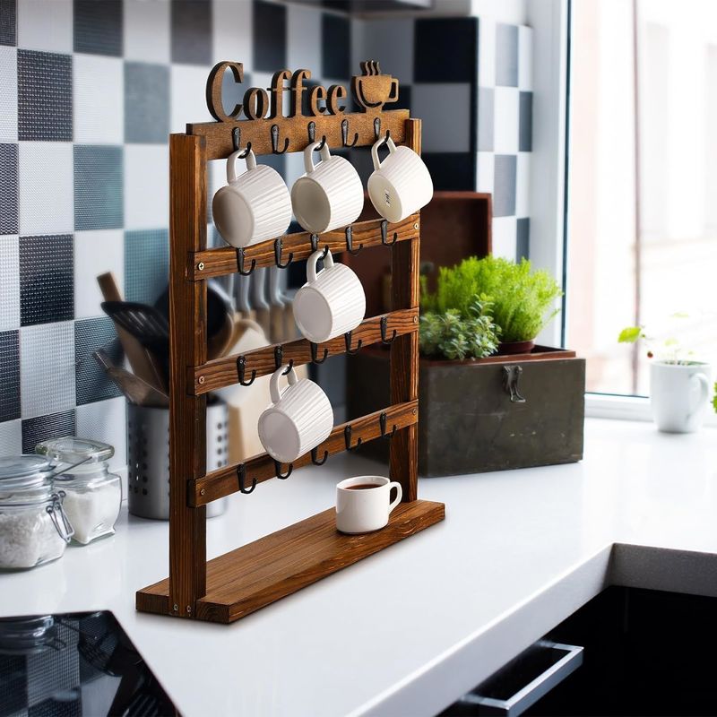 Rustic Vintage Wood Coffee Mug Storage Rack 4 Tier Wooden Counter top Cup Holder