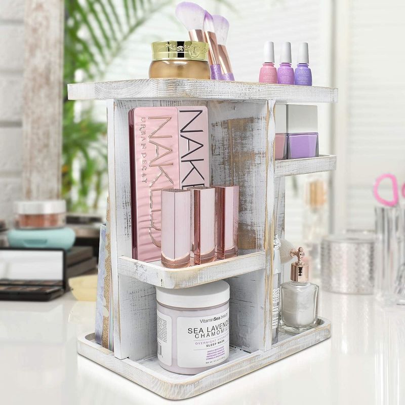 Rotating Carousel Makeup Organizer for Cosmetics and Skin Care in Custom Rustic White Wood