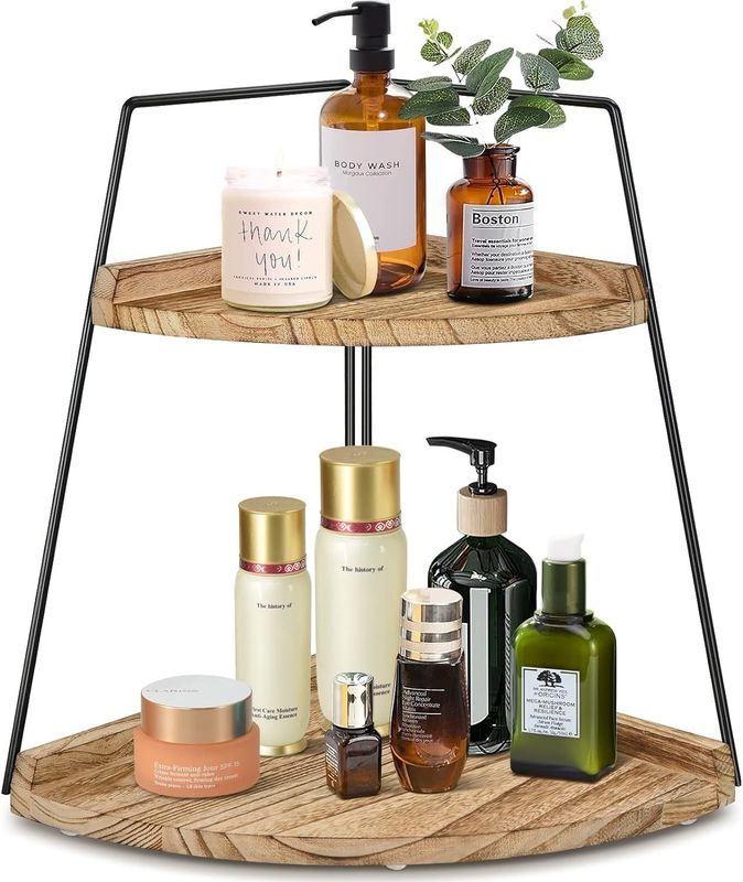 Wooden Bathroom Counter Organizer 2 Tier Corner Shelf for Storage and Organization