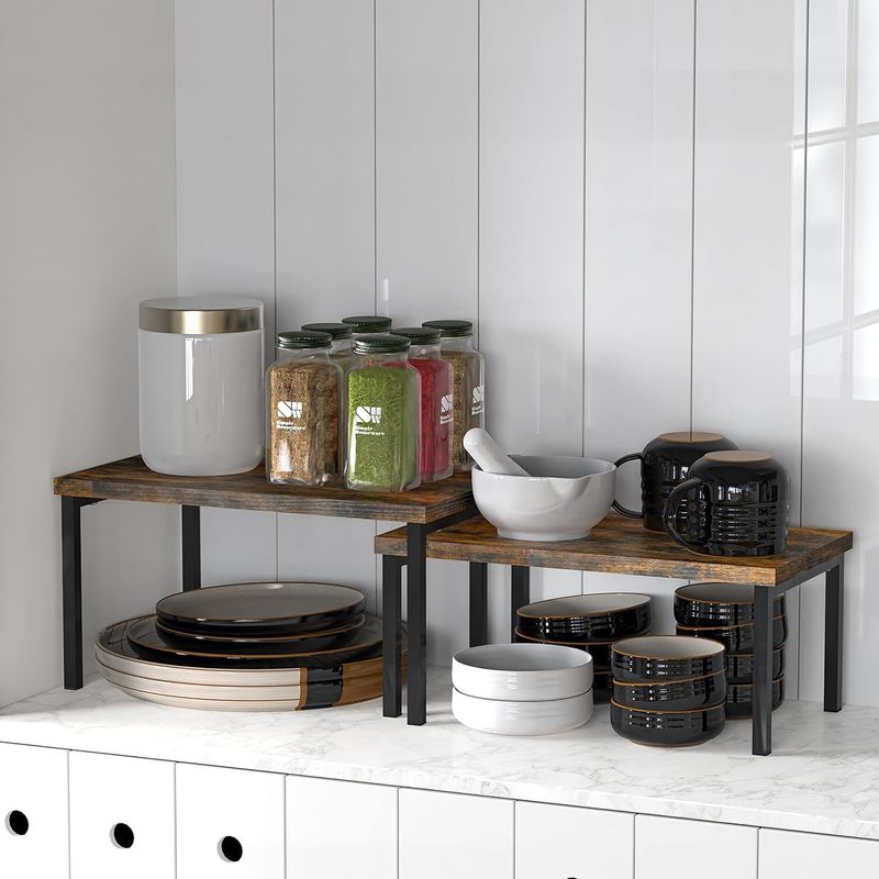 Availbale OEM ODM Set of 2 Expandable Counter Shelf in Rustic Brown for Space Saving