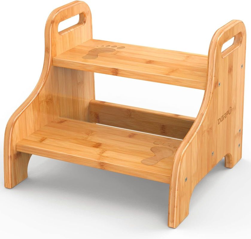 202406 Bamboo Learning Tower Wood 2 Step Stool with Bonus Safety Non-Slip Mats and Handles Reinforced for Gift Craft