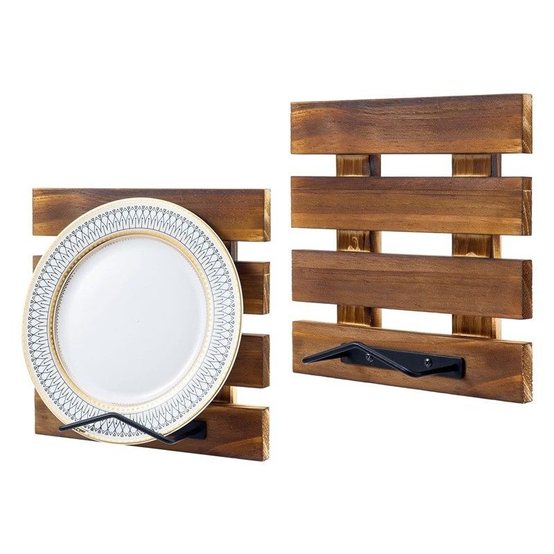 Custom size Rustic Burnt Solid Wood and Black Metal Wire Wall Mounted Plate Display Rack