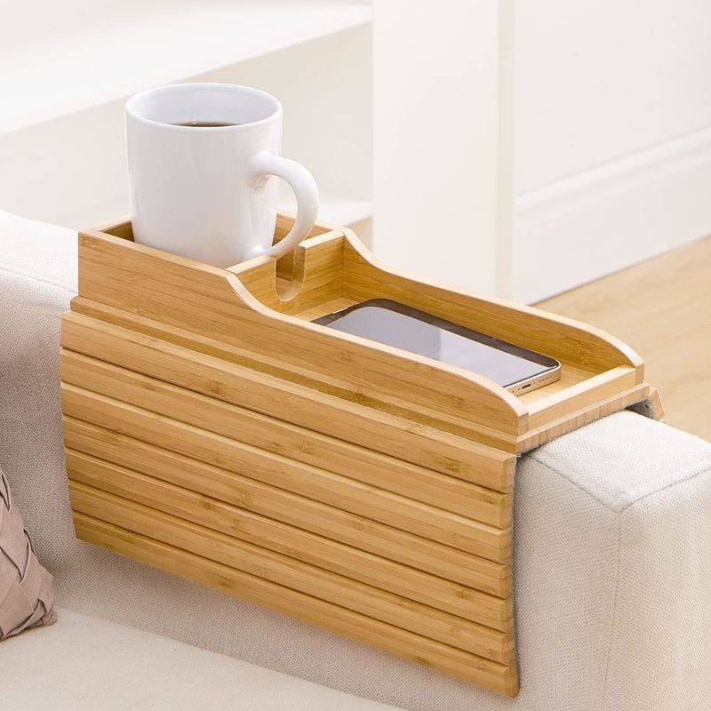 Portable Couch Arm Tray Table Natural Bamboo Sofa Couch Cup Holder with Glossy Lamination