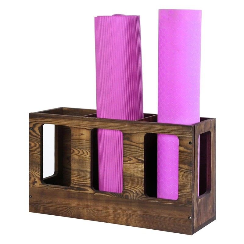 Wall Mounted Solid Burnt Wood Yoga Mat Holder Fitness Gym Foam Roller Storage Organizer Sports Exercise Mat Rack