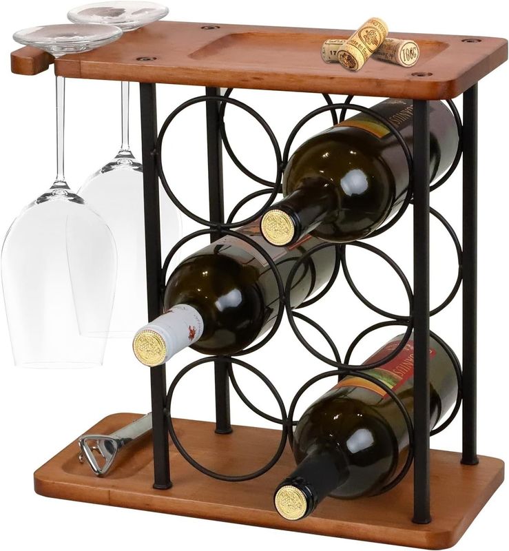 Embossed Wooden Countertop Wine Rack with Tray Handmade Holds 6 Bottles and 2 Glasses