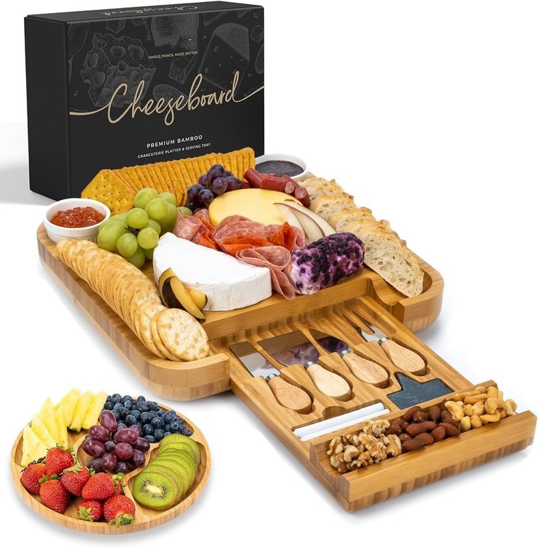 Customized Bamboo Natural Color Cheese Board And Knife Set Charcuterie Boards Gift Set