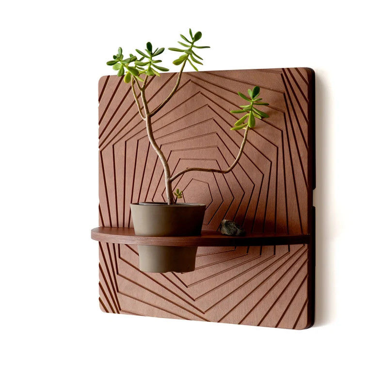 Silk-Screen Printed Wood Carved Geometric Art Hanging Wall Planter for Small Rooms
