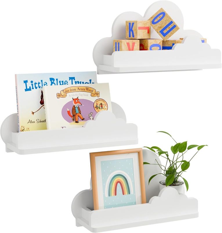 Handmade Wooden White Cloud Bookshelf Decorative Wall Mounted Shelf with Small Figure